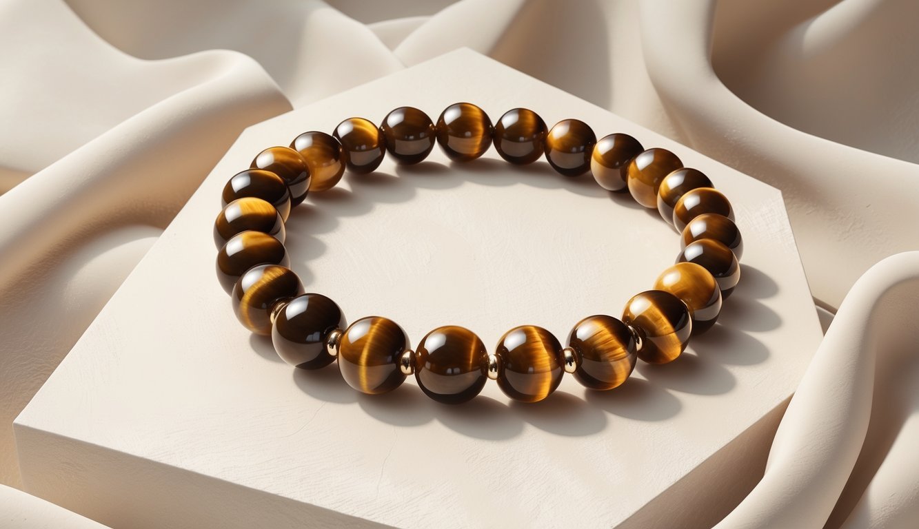 A tiger eye stone bracelet with polished golden-brown beads arranged in a circle on a neutral background.