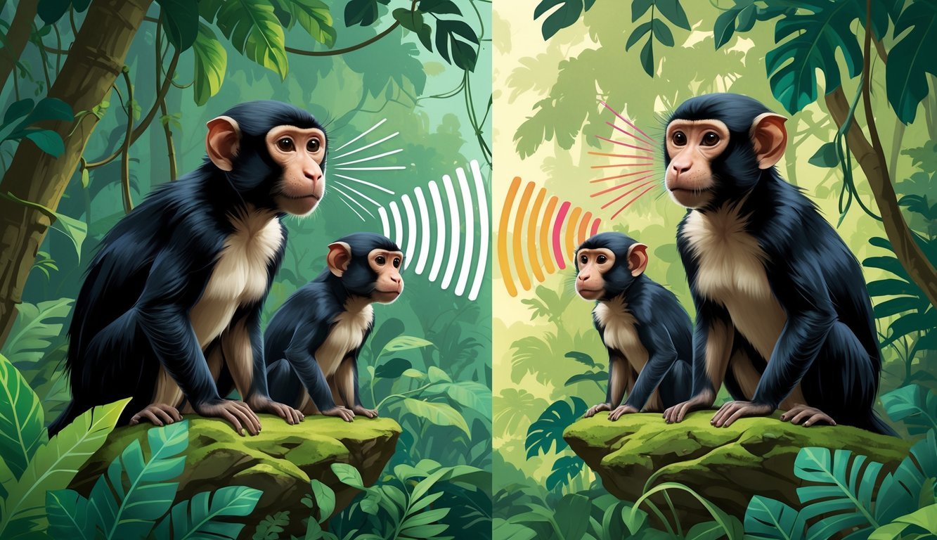 Two groups of tamarin monkeys in a jungle, with colorful sound waves showing them changing their calls to avoid conflict.