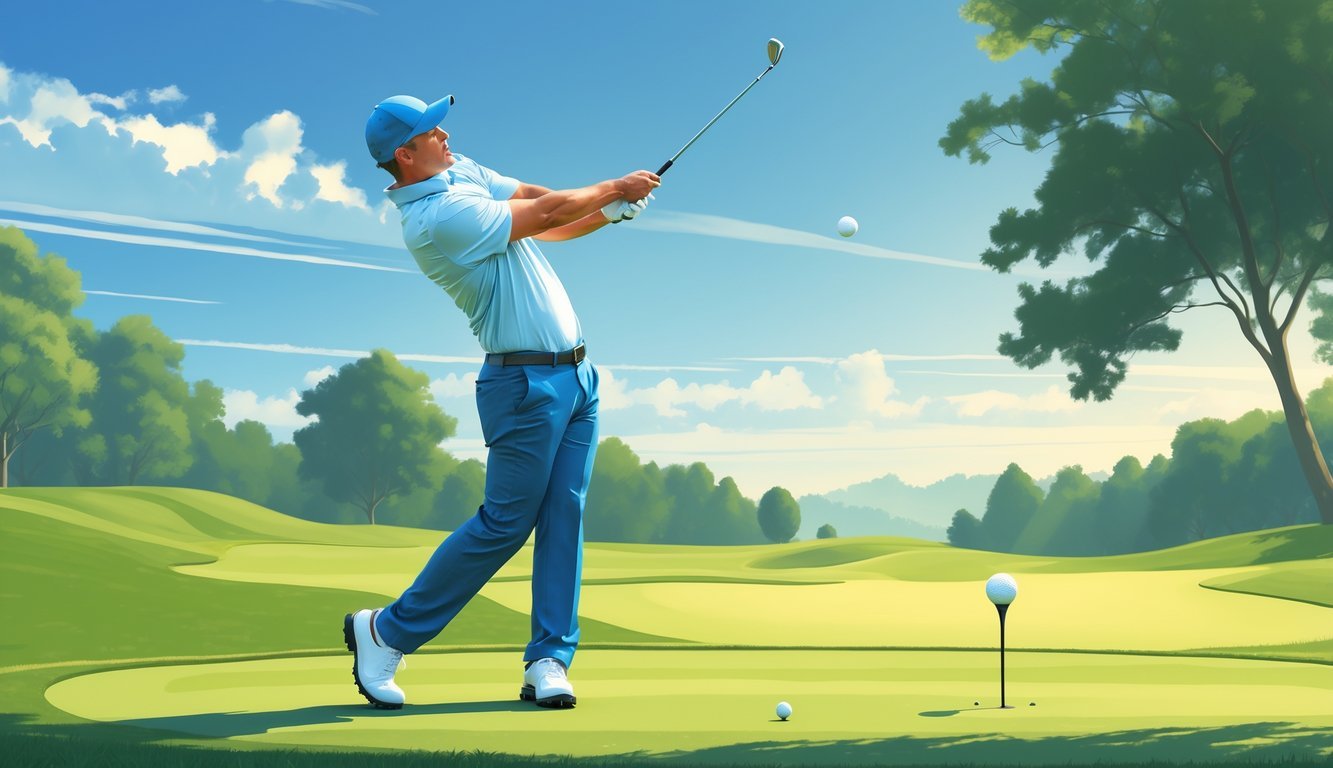 A golfer on a golf course preparing to hit a 3 wood club, shown in mid-swing with proper stance and alignment.