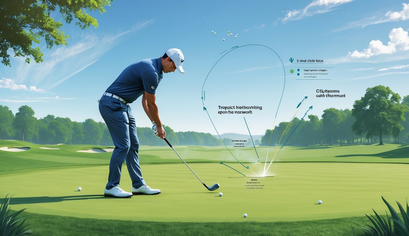 A golfer swinging a 3 wood club on a golf course with visual guides showing swing path and club adjustments.