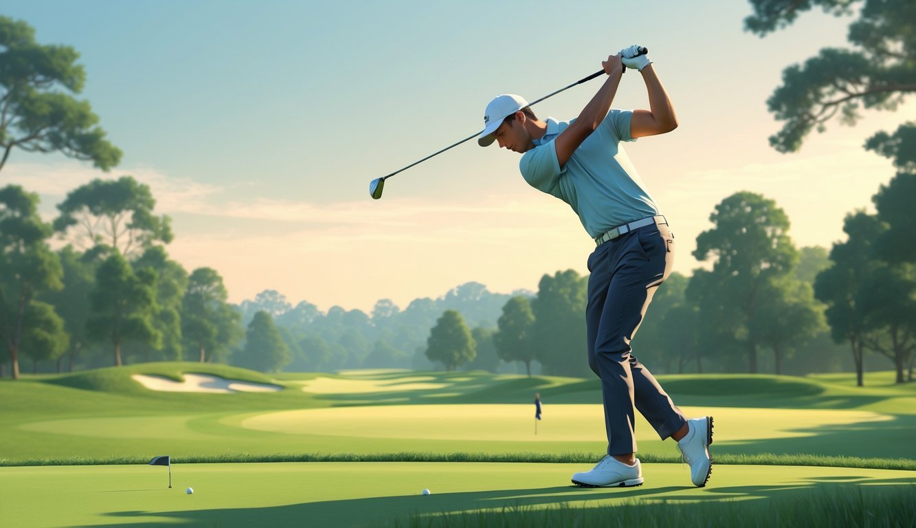 A golfer swinging a 3 wood club on a golf course, demonstrating proper technique.