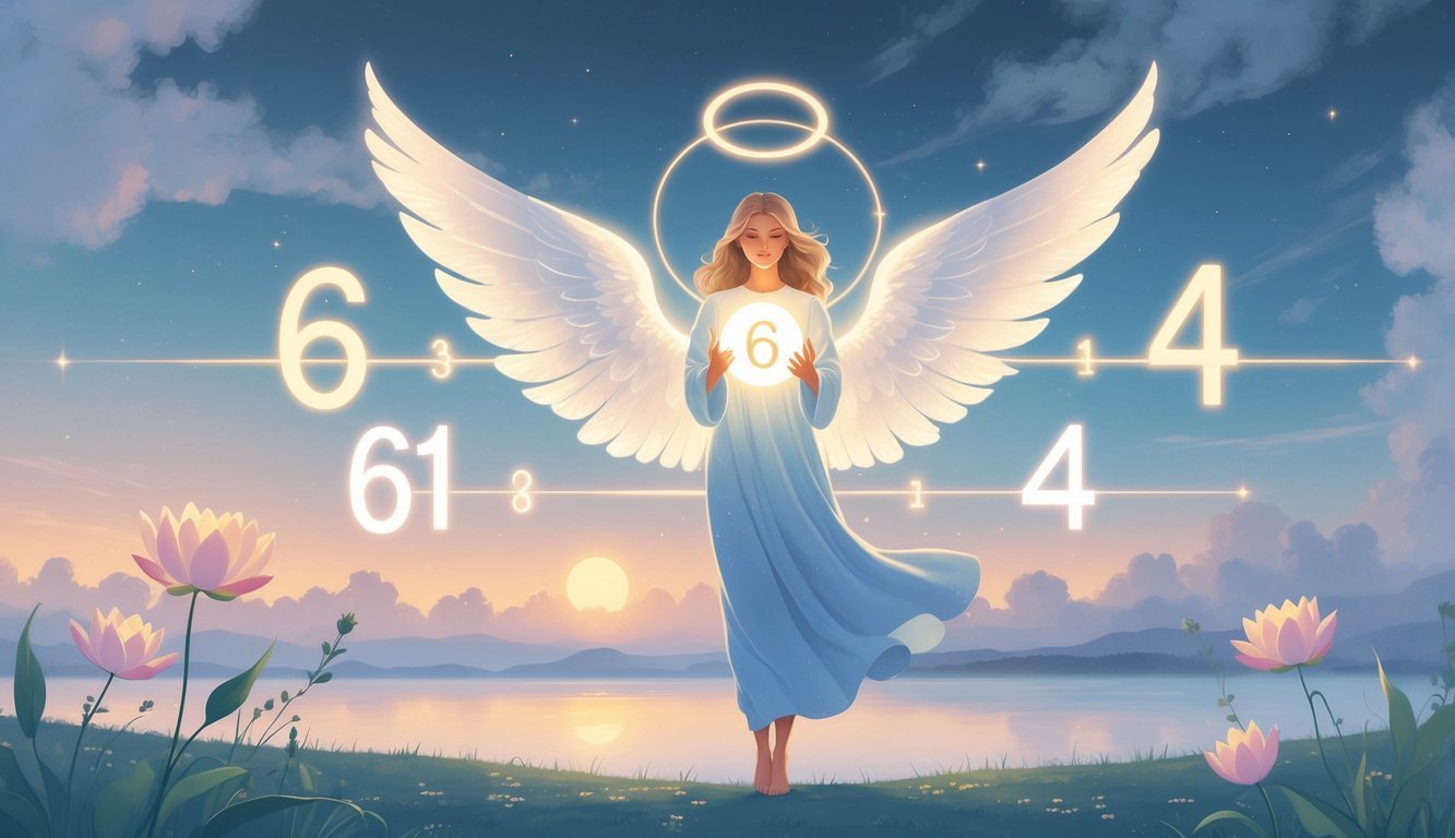 An angel with glowing wings hovers above a calm landscape at dawn, holding a glowing orb with abstract numbers surrounded by symbols of balance and spiritual guidance.