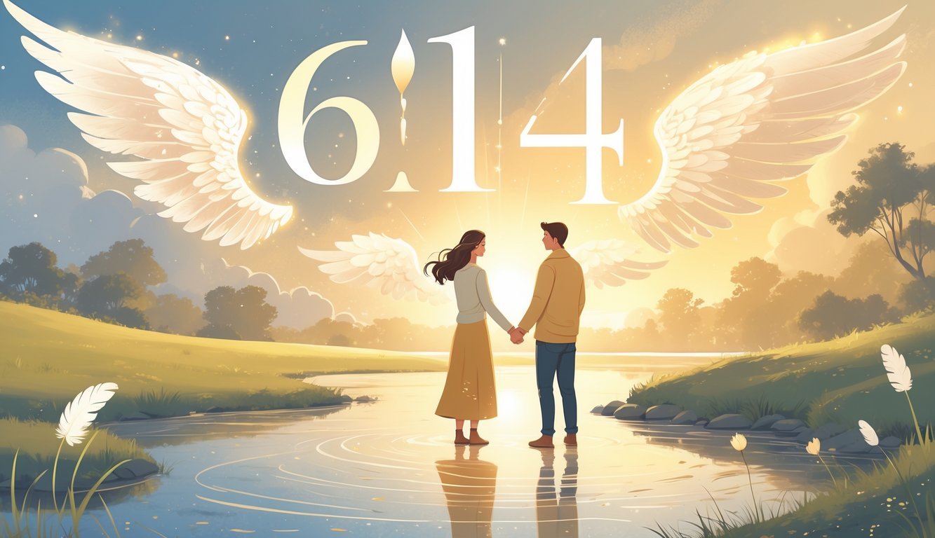 A couple holding hands by a calm river at sunrise, surrounded by soft glowing light and gentle angelic motifs in a peaceful natural setting.