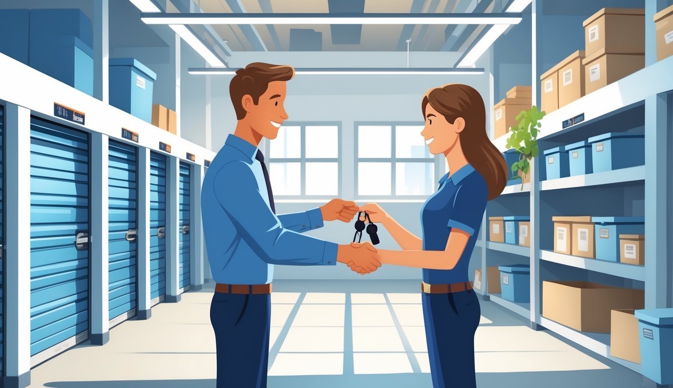 Two people exchanging keys in front of a clean, organized storage facility with multiple storage units and neatly stacked boxes inside.