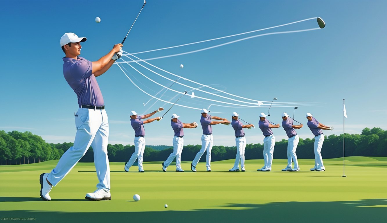 A golfer swinging a club on a green golf course with multiple positions showing the flow of the swing.