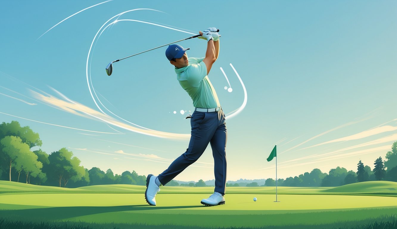 A male golfer swinging a club on a green golf course with trees and a flag in the background.