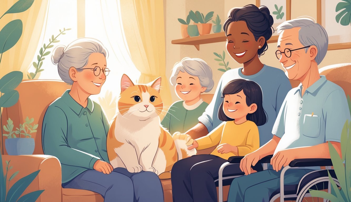 A calm cat sitting on the lap of diverse people including an elderly person, a child, and an adult with a disability, all smiling in a cozy room with a supportive caregiver nearby.