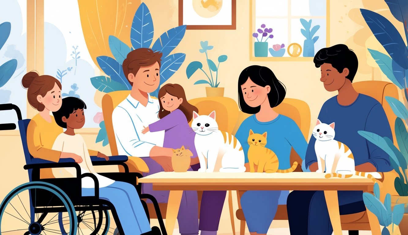 A calm therapy cat interacting with diverse people in a warm, comfortable room, showing a cat on a wheelchair user's lap, another cat with a child, and a third cat on a desk.