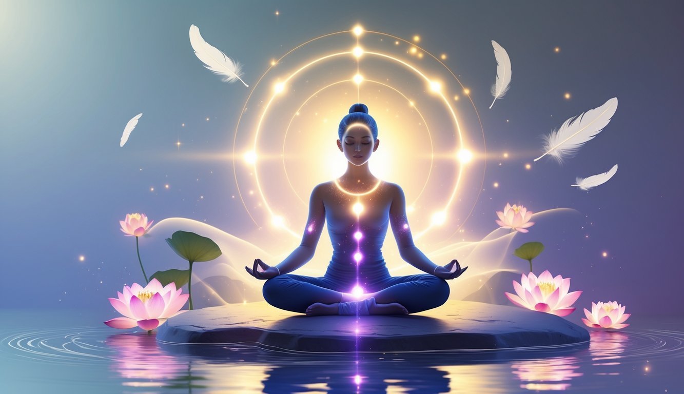 A person meditating surrounded by glowing light, lotus flowers, flowing water, and floating feathers in a peaceful natural setting.