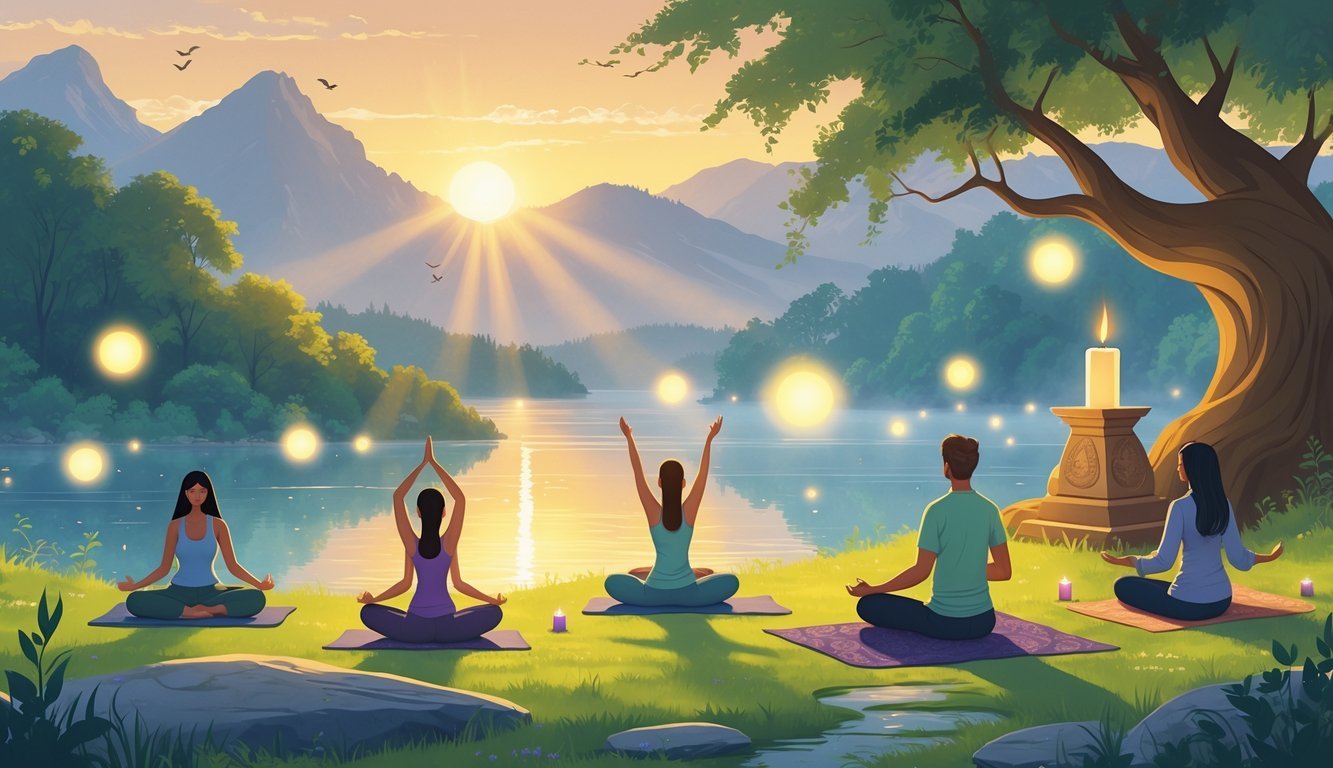 A peaceful natural scene with people meditating, practicing yoga, reading, and lighting a candle by a lake surrounded by trees and hills at sunrise.