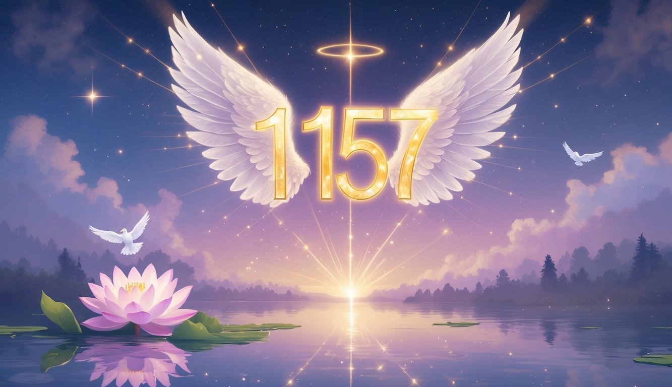A glowing number 1157 floating above calm water under a starry twilight sky, surrounded by angel wings, a lotus flower, and a flying dove.