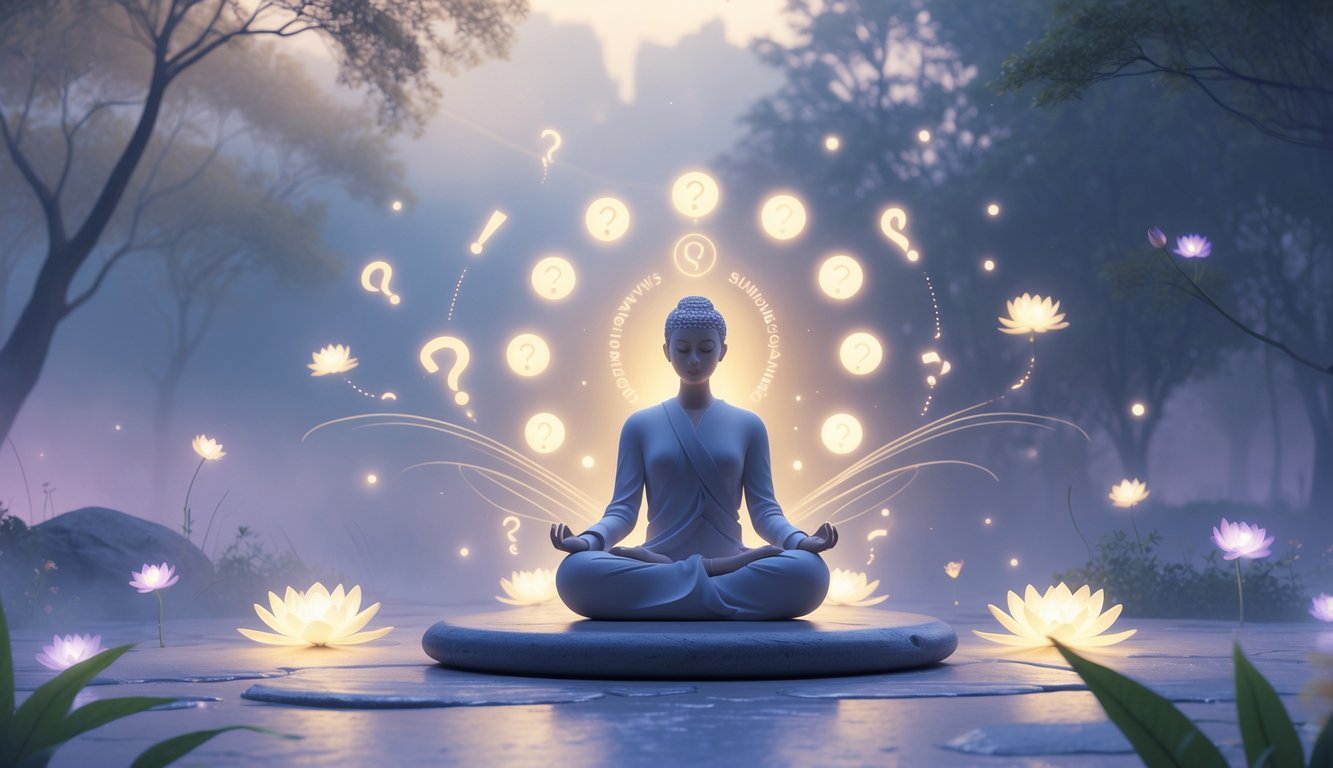 A person meditating surrounded by glowing orbs and spiritual symbols in a peaceful natural setting with soft light.
