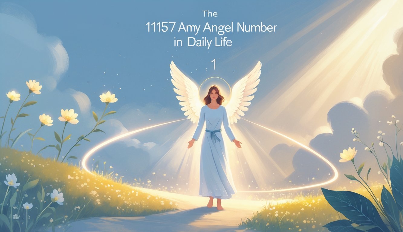 A radiant figure surrounded by glowing light and nature symbols, standing on a path with blooming flowers under a peaceful sky.