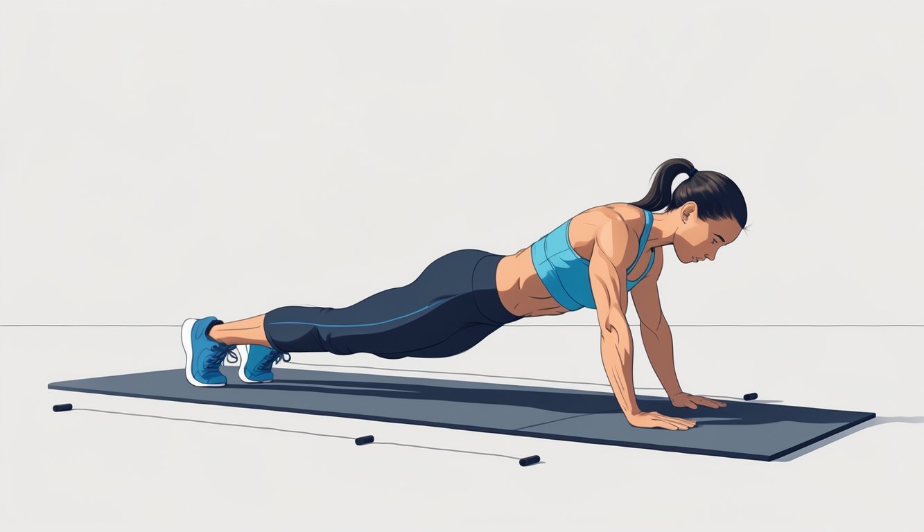 A person performing various core bodyweight exercises like planks and sit-ups on a gym floor without any equipment.