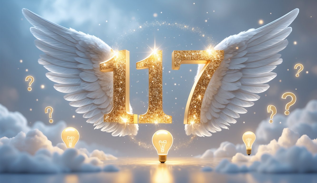 A glowing golden number 1157 with angel wings surrounded by floating question marks and lightbulb icons against a soft blue and white cloudy background.