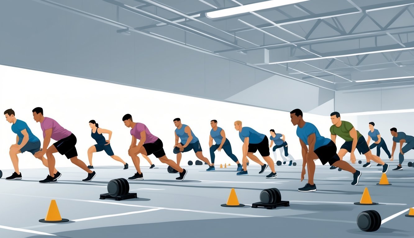 A group of people performing various bodyweight exercises indoors to train for different ACFT events without equipment.