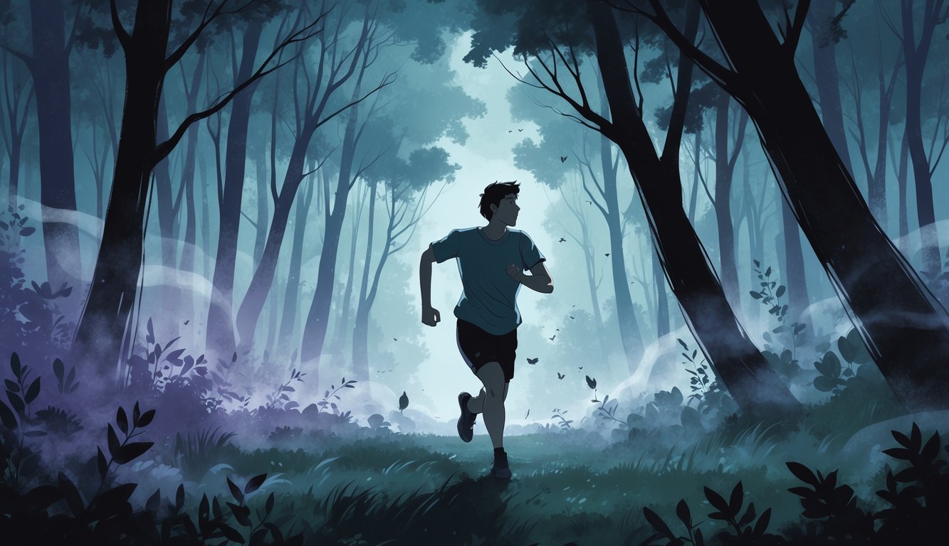 A person running through a dark forest at dusk, looking back nervously as shadowy shapes follow behind.