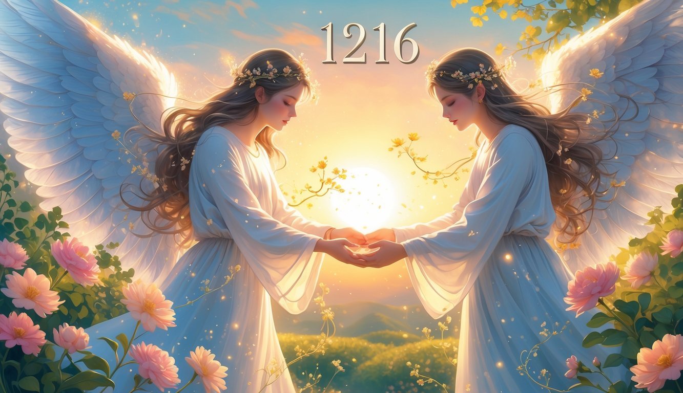 Two glowing figures reaching out to each other surrounded by blooming flowers and vines, with a radiant sunrise in the background.