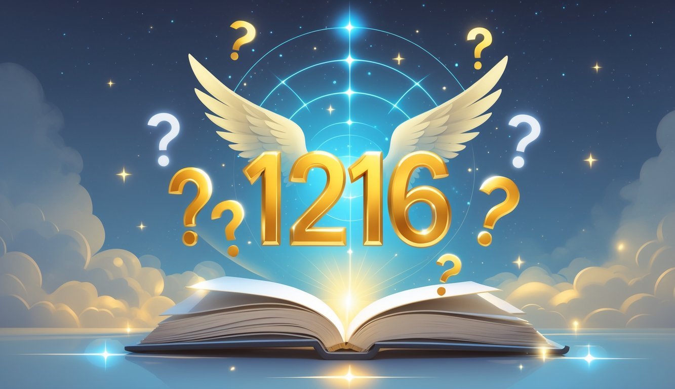 A glowing number 1216 floating above an open book surrounded by soft light, stars, and question marks in a calm, celestial setting.