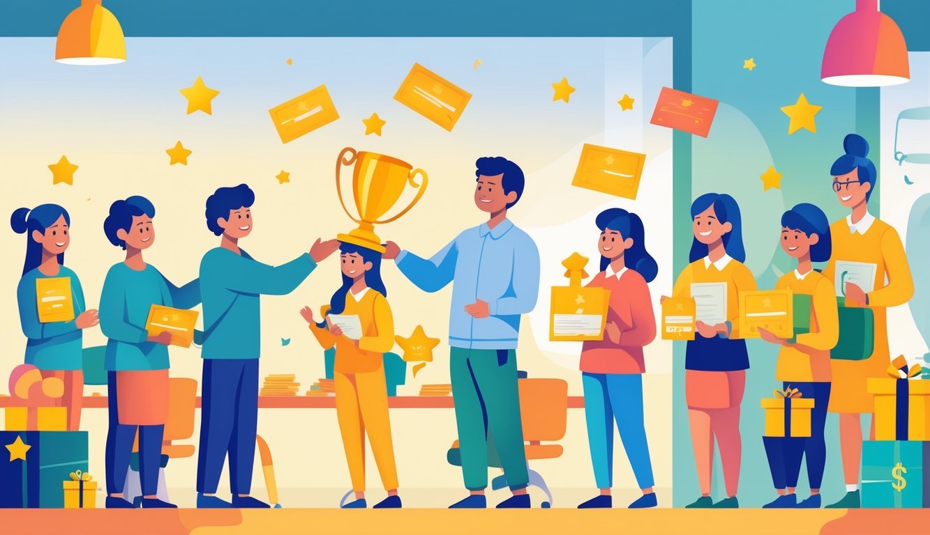 People receiving trophies, certificates, and praise from others as rewards in a positive office or classroom setting.