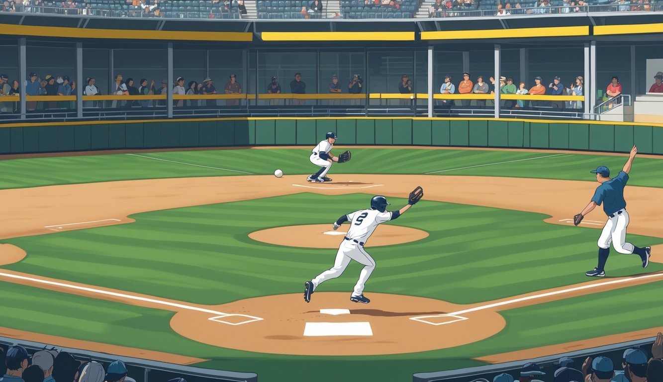 A baseball player hits a ball that bounces over the outfield fence while an umpire signals a ground rule double, with a stadium and spectators in the background.