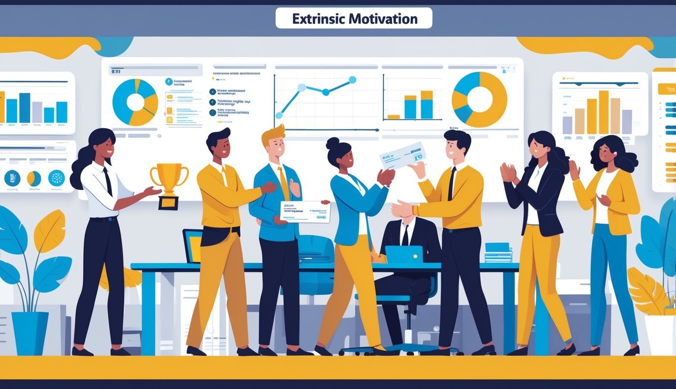 A group of people in an office receiving awards, bonuses, and applause to show motivation from external rewards.