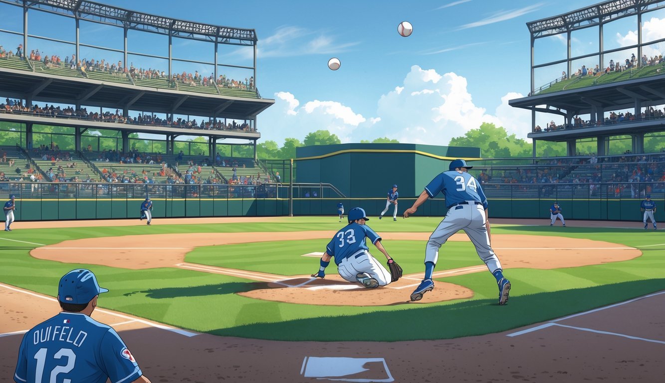 A baseball player sliding into second base as a baseball bounces over the outfield fence with spectators watching from the stands.