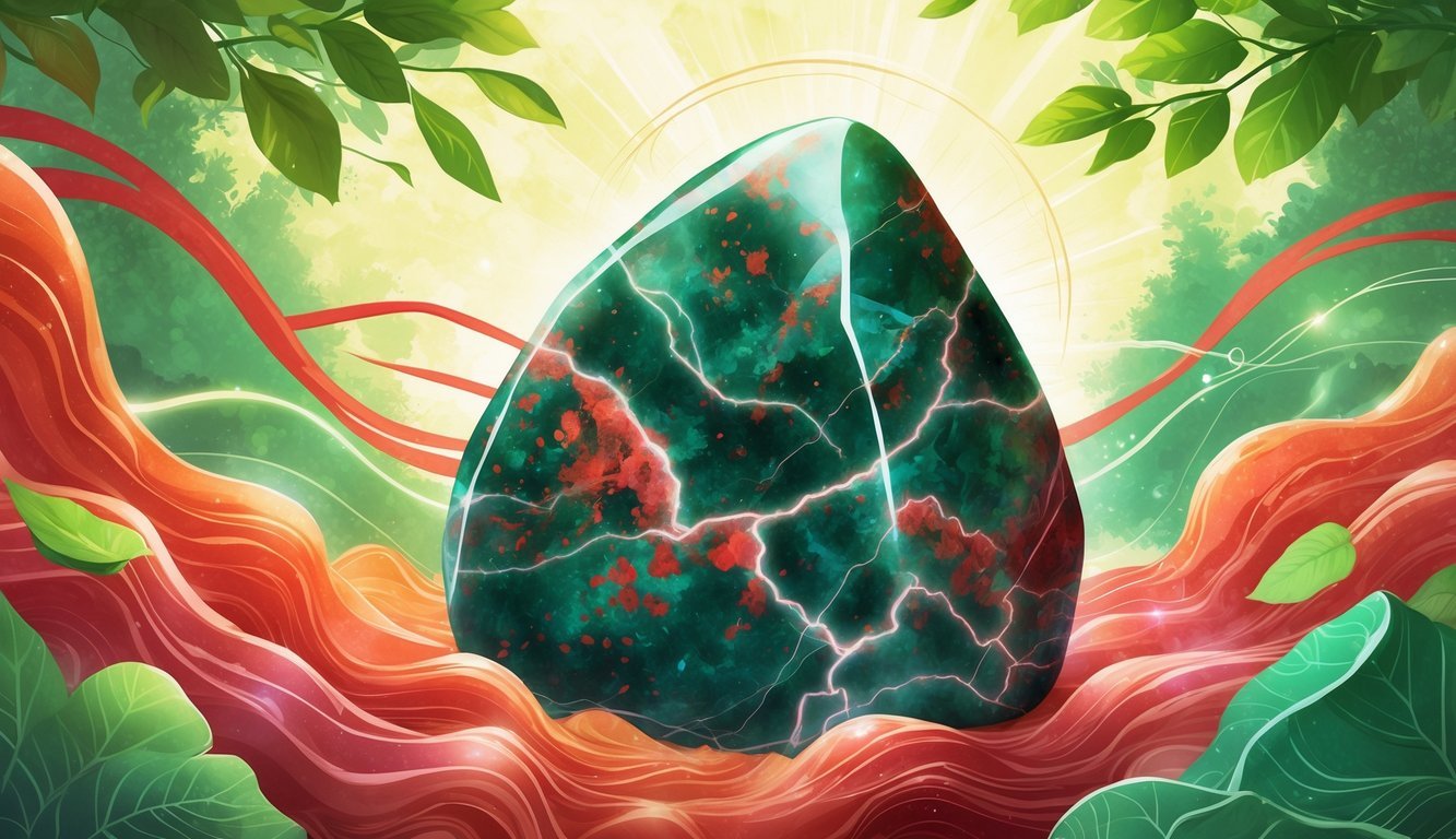 A glowing bloodstone surrounded by flowing red and green energy waves with light orbs and a natural background symbolizing healing and vitality.