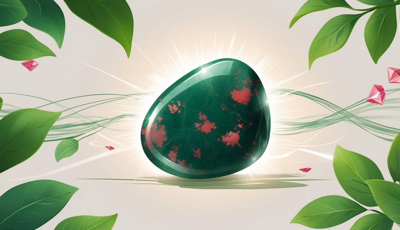 A polished bloodstone gemstone with green and red colors surrounded by leaves and glowing light, symbolizing vitality.