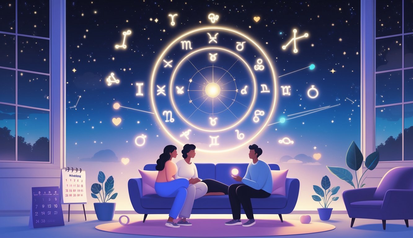 A couple sitting together looking at a glowing astrological chart with zodiac symbols, surrounded by symbols of daily life and relationships, under a starry night sky.