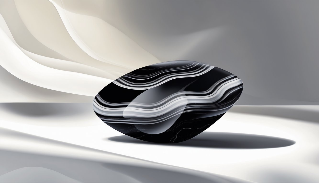 A polished onyx stone with black and white banding patterns on a plain background.