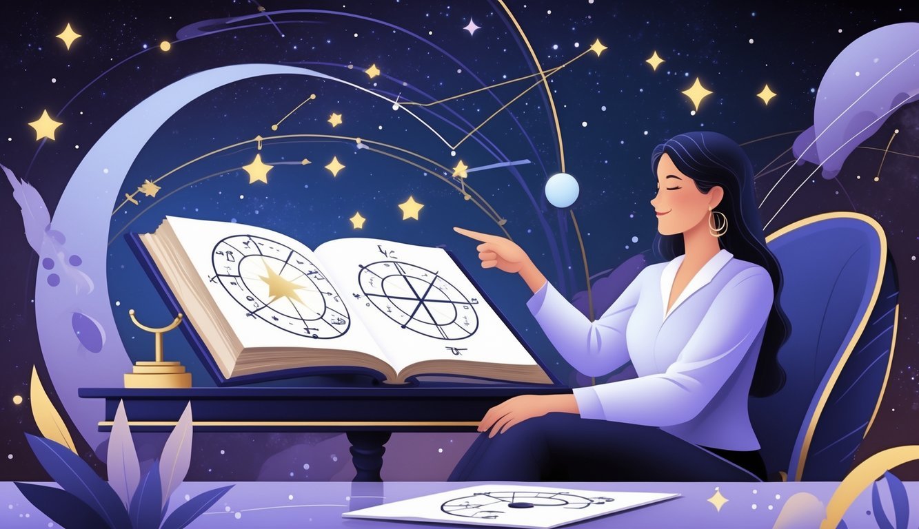 An astrologer consulting a client at a table with astrology charts and zodiac symbols surrounded by stars and planets.