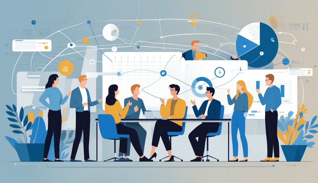 A group of people in a workspace discussing and observing each other’s choices, with connecting lines showing influence and decision copying.