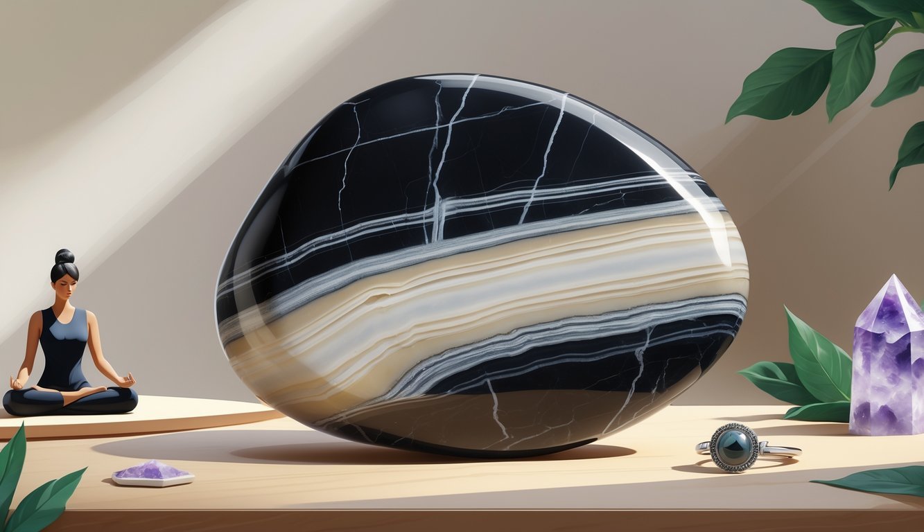 A polished black onyx stone with white bands placed on a wooden surface, surrounded by a person meditating, onyx jewelry, and decorative onyx elements symbolizing its uses and significance.