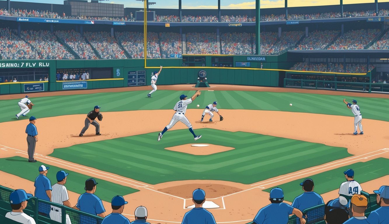 A baseball game scene showing an infielder jumping to catch a high pop-up ball in the infield with players and umpire watching.