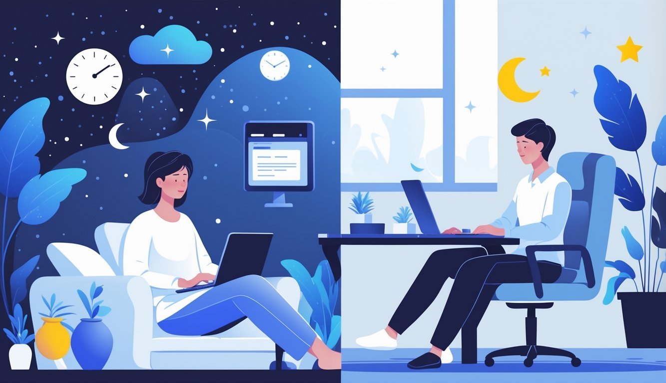 A split scene showing a person receiving therapy online at home and a therapist meeting a patient face-to-face in an office, both focused on improving sleep.