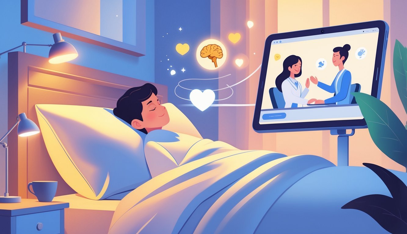A person peacefully sleeping in bed with a laptop showing a virtual therapist nearby, surrounded by icons representing mental and physical health.
