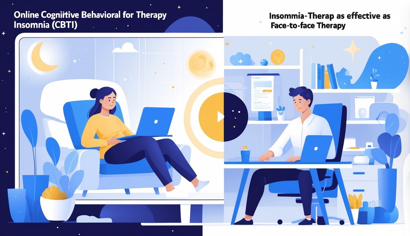 A person receiving therapy online at home and a therapist meeting a patient face-to-face, both showing calm and positive interaction with sleep-related elements in the background.