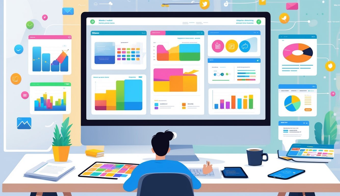 A person working at a desk with a computer showing colorful marketing templates and digital marketing icons floating around.