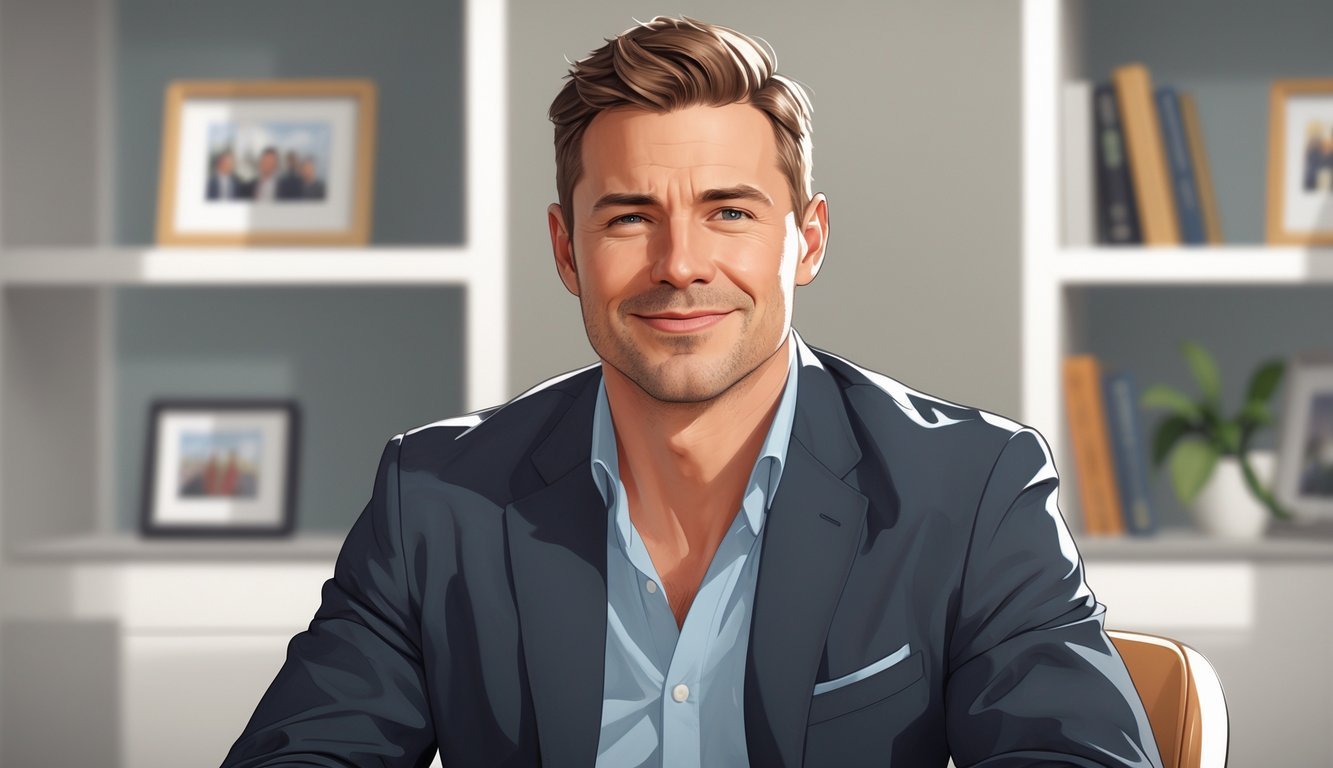 A mid-shot illustration of Chris Evans sitting in a modern studio with bookshelves in the background, looking thoughtful and approachable.