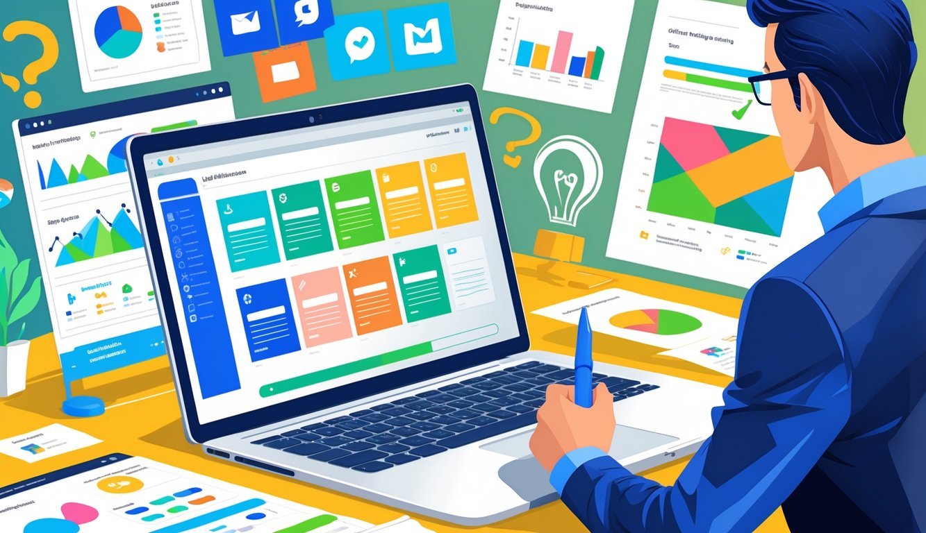A person reviewing digital marketing templates on a laptop in a modern workspace surrounded by charts and icons representing marketing concepts.