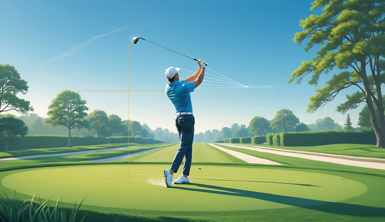 A golfer mid-swing on a golf course, demonstrating a straight drive with a driver club aimed down a clear fairway.