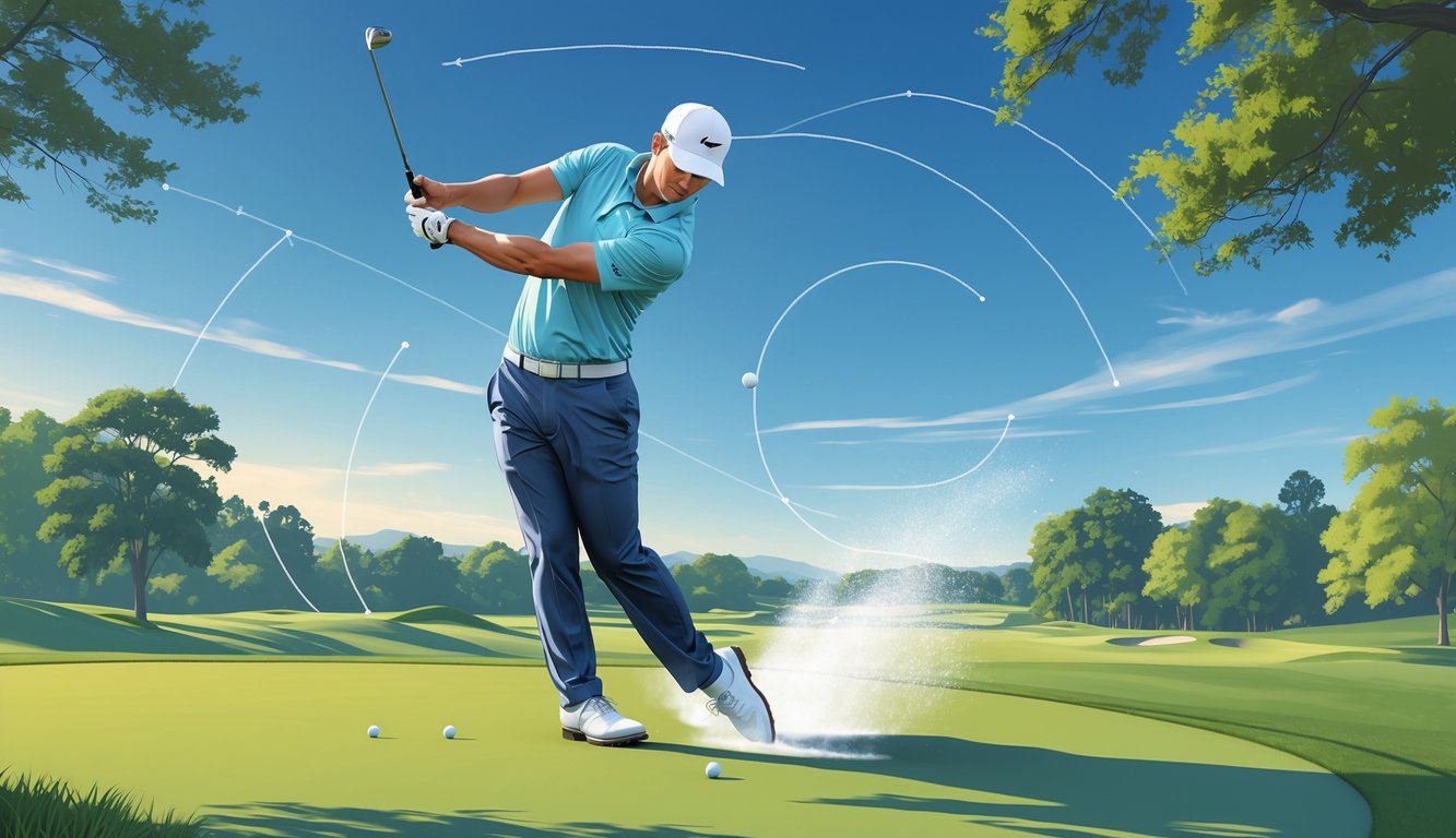 A golfer hitting a driver on a golf course with a straight ball flight and alignment guides on the ground.