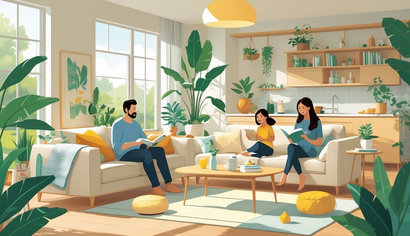 A bright living room with a family engaging in daily activities surrounded by plants and cozy furniture.