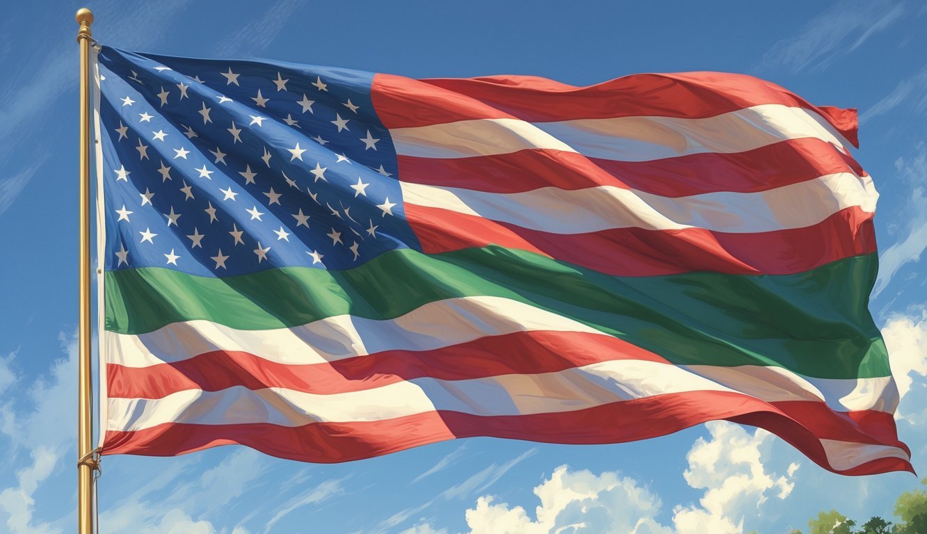 An American flag waving with a green stripe among the red and white stripes against a clear sky.