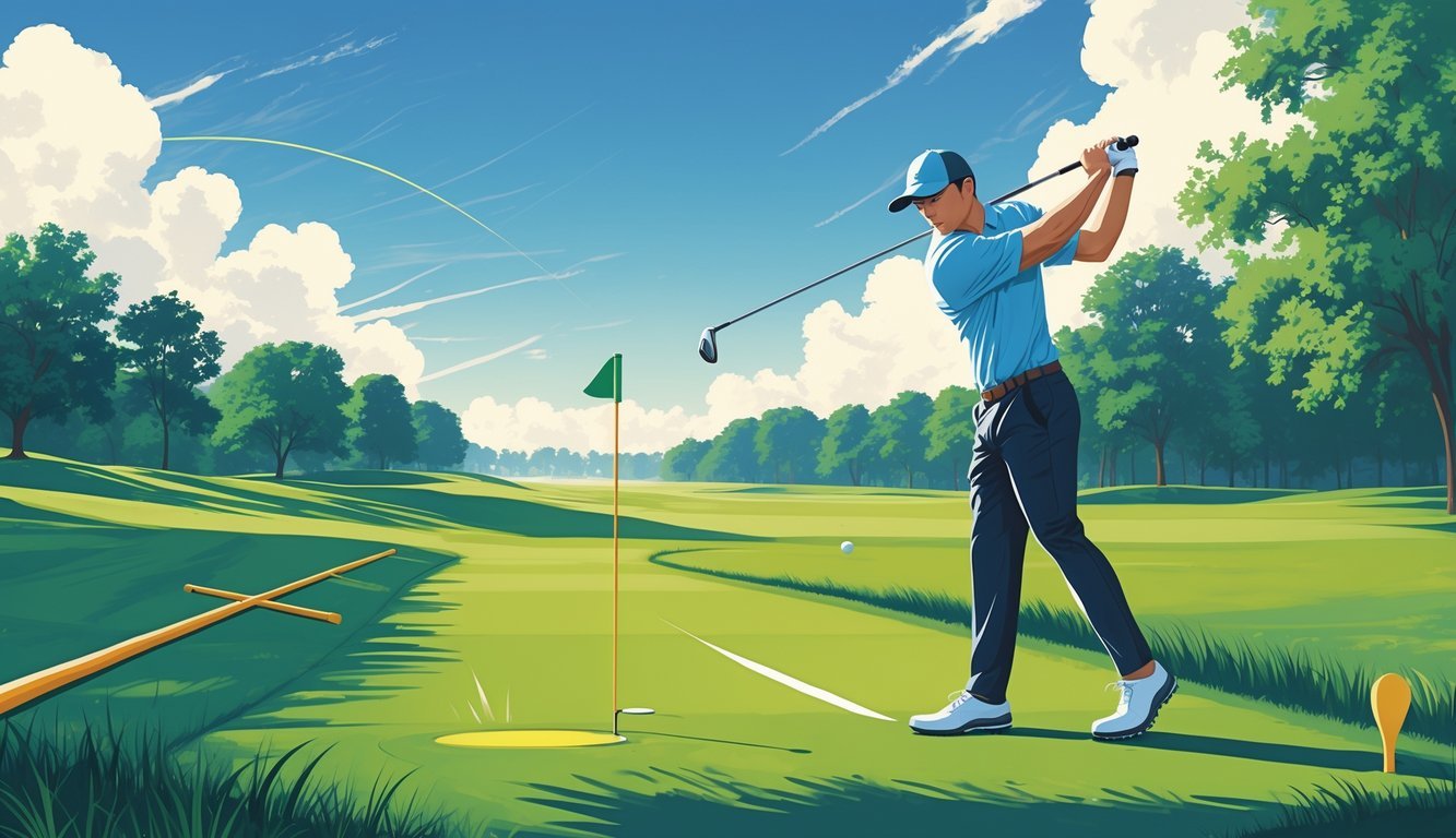 A golfer in mid-swing aiming to hit a driver straight on a sunny golf course with alignment markers on the ground.