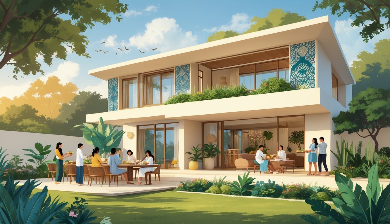 A modern home surrounded by gardens with cultural decorative elements and people engaging in community activities outdoors.