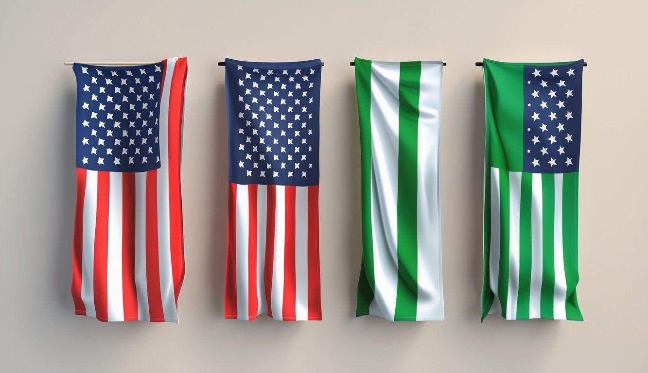 Three American flags displayed side by side, one traditional and two with green stripes in different positions.