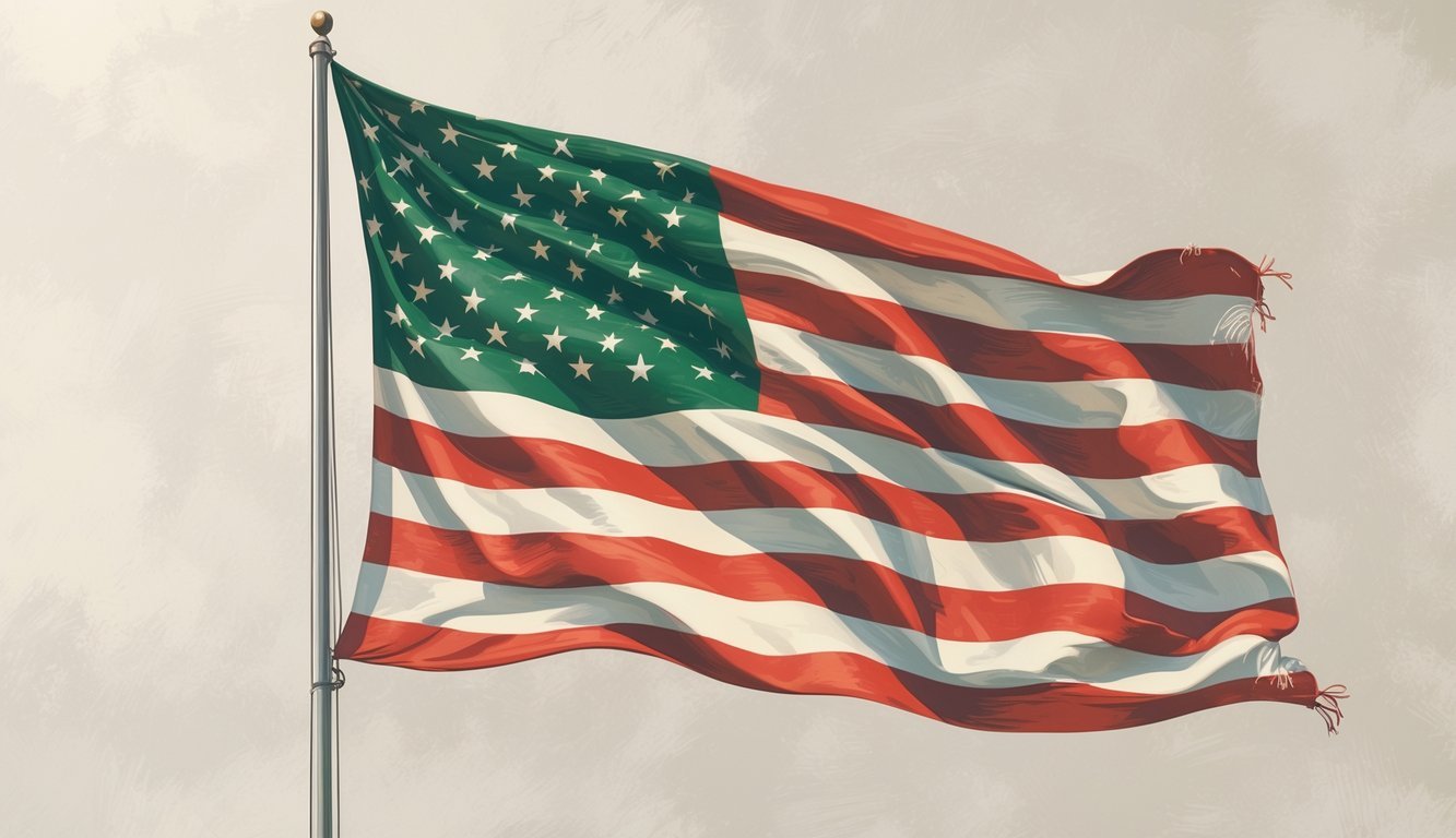 An American flag waving with one green stripe among the traditional red and white stripes.
