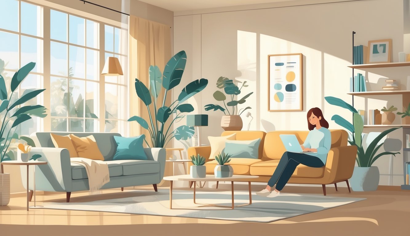 A cozy living room with a person using a digital tablet, surrounded by furniture and plants in a bright home setting.